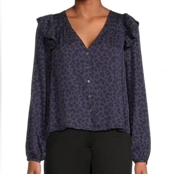 new nwt Sz Small S Marine Layer Rory Long Sleeve Ruffle Blouse Cheetah Blue - Picture 3 of 3